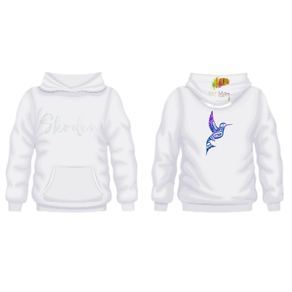 Skoden in Rhinestone Sweater with Haida Hummingbird on the back
